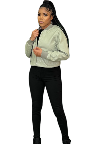 LEATHER LOOK BOMBER- SAGE