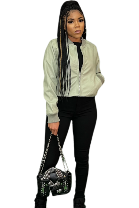 LEATHER LOOK BOMBER- SAGE