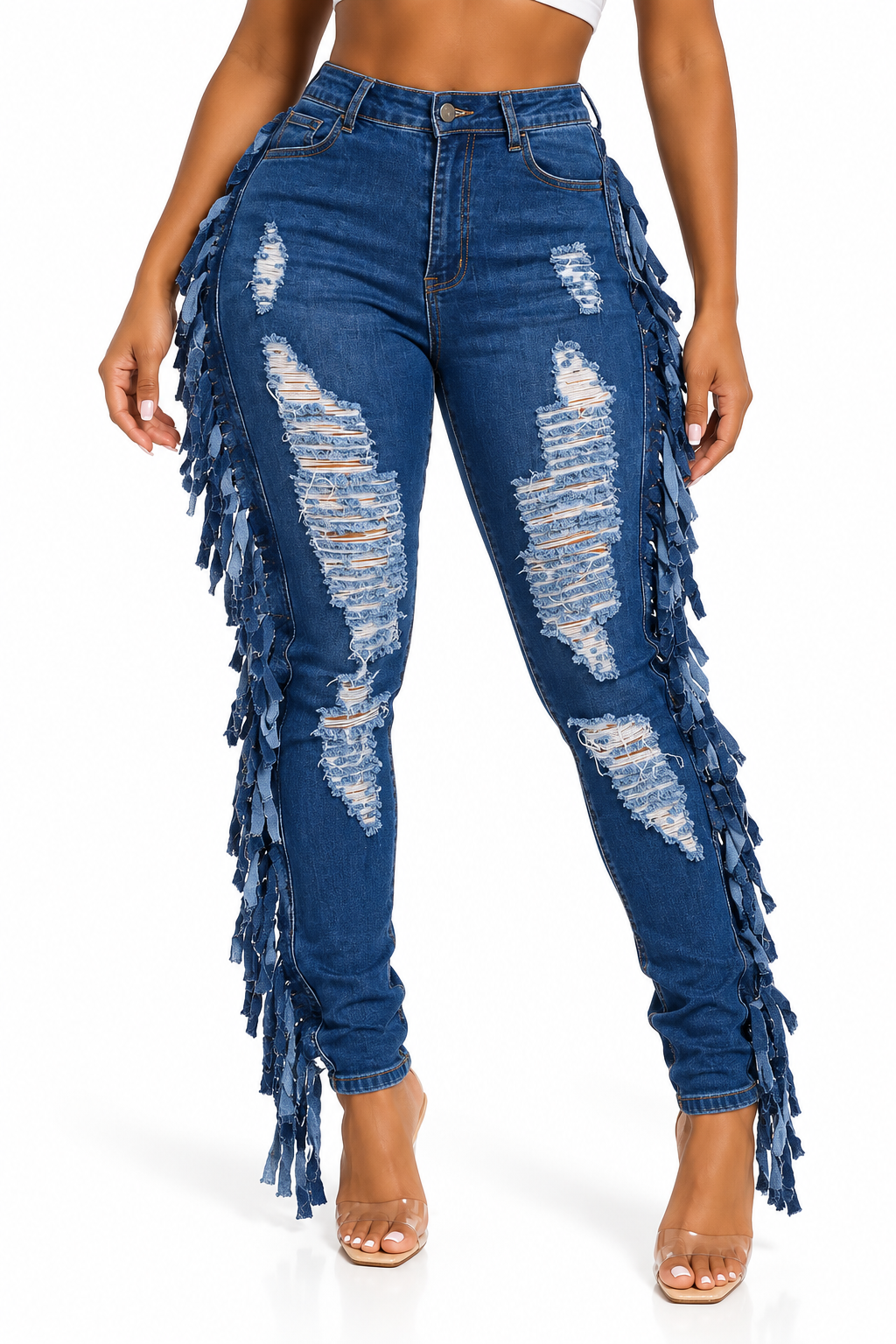 TASSELED DOWN JEANS