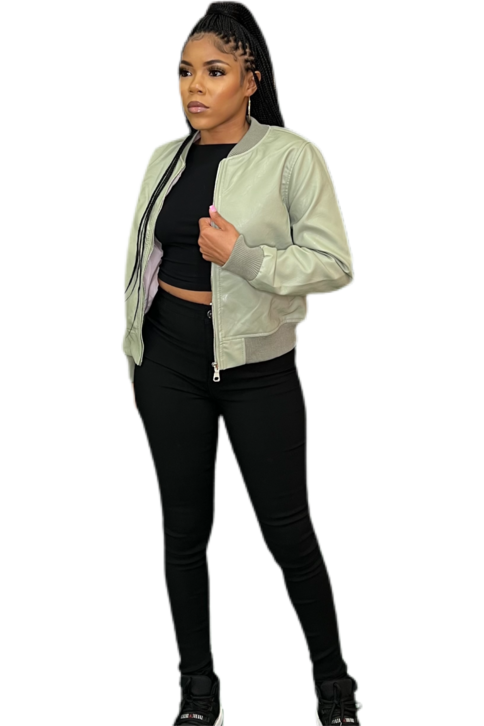 LEATHER LOOK BOMBER- SAGE